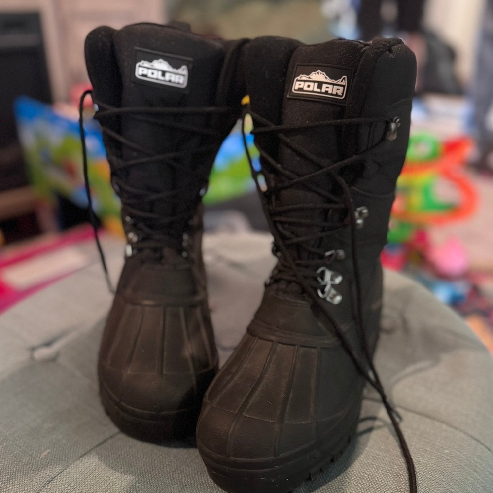 Polar Mens Black Winter Snow Boots Waterproof Duck Toe Lace Up Lug Sole Boots